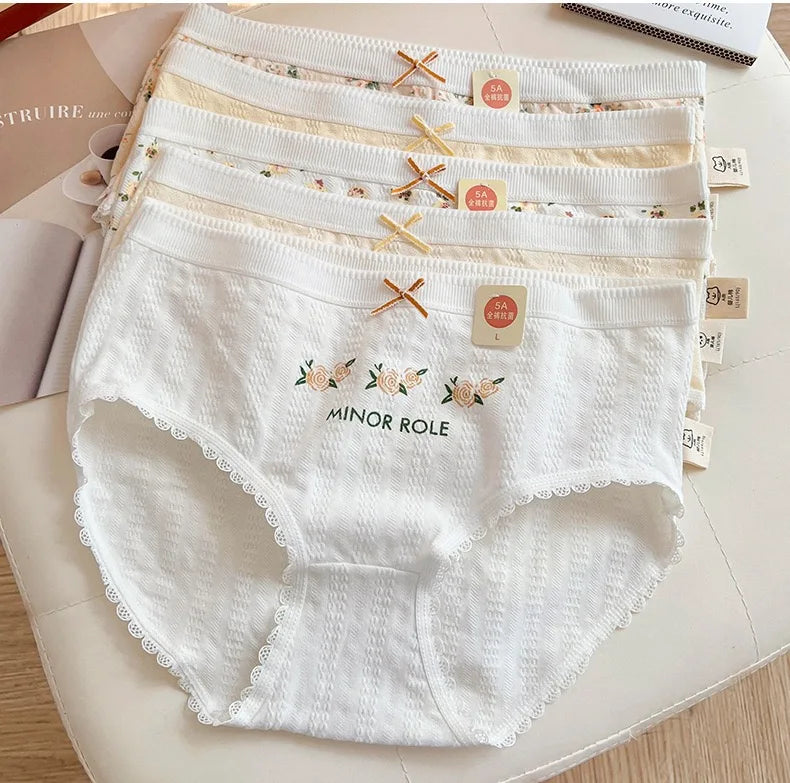 Cotton Women Panties - 3pcs Breathable Mid Waist Underwear With Flower Print - ZOOMNSTORE