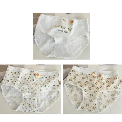 Cotton Women Panties - 3pcs Breathable Mid Waist Underwear With Flower Print - ZOOMNSTORE
