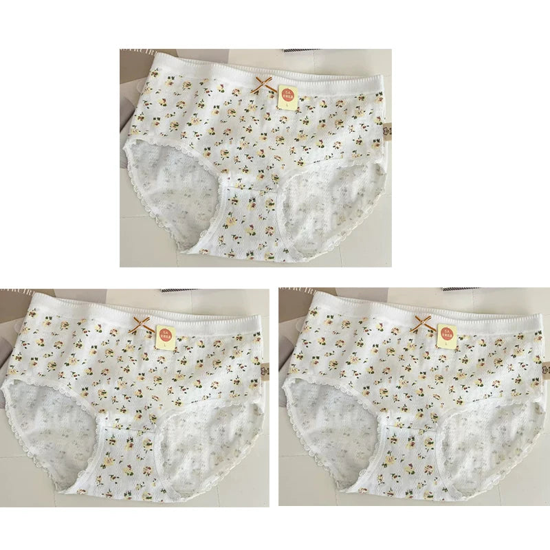 Cotton Women Panties - 3pcs Breathable Mid Waist Underwear With Flower Print - ZOOMNSTORE