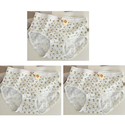Cotton Women Panties - 3pcs Breathable Mid Waist Underwear With Flower Print - ZOOMNSTORE