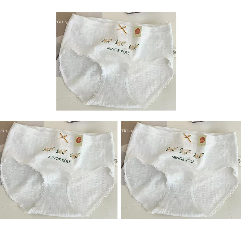 Cotton Women Panties - 3pcs Breathable Mid Waist Underwear With Flower Print - ZOOMNSTORE
