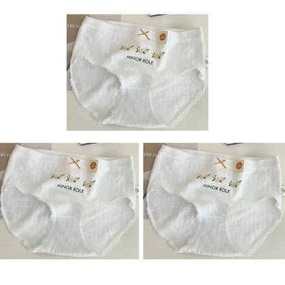 Cotton Women Panties - 3pcs Breathable Mid Waist Underwear With Flower Print - ZOOMNSTORE