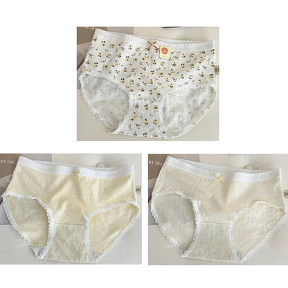 Cotton Women Panties - 3pcs Breathable Mid Waist Underwear With Flower Print - ZOOMNSTORE
