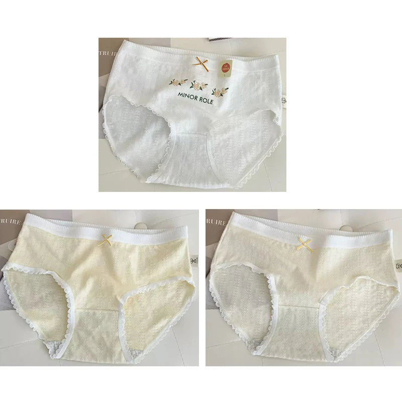 Cotton Women Panties - 3pcs Breathable Mid Waist Underwear With Flower Print - ZOOMNSTORE