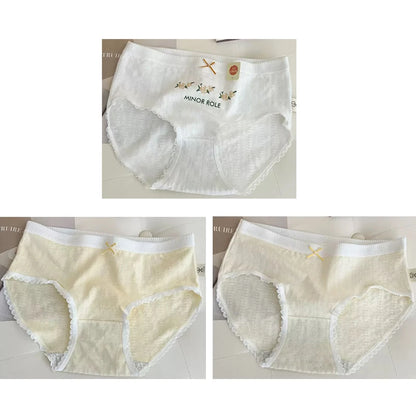 Cotton Women Panties - 3pcs Breathable Mid Waist Underwear With Flower Print - ZOOMNSTORE