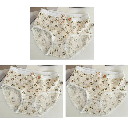 Cotton Women Panties - 3pcs Breathable Mid Waist Underwear With Flower Print - ZOOMNSTORE