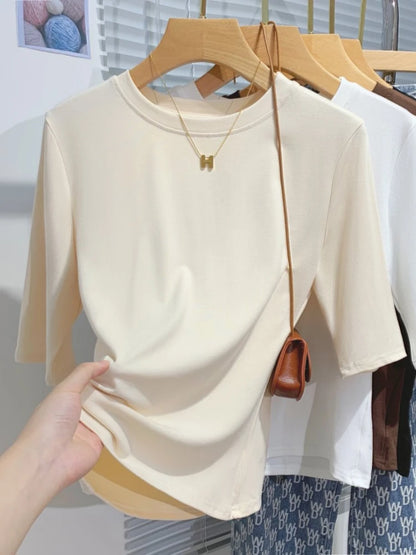 Cotton Womens Crew Neck T-Shirt - Summer Short Sleeve Basic Top - ZOOMNSTORE