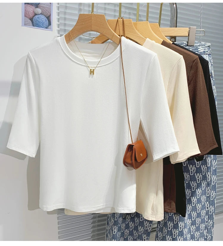 Cotton Womens Crew Neck T-Shirt - Summer Short Sleeve Basic Top - ZOOMNSTORE