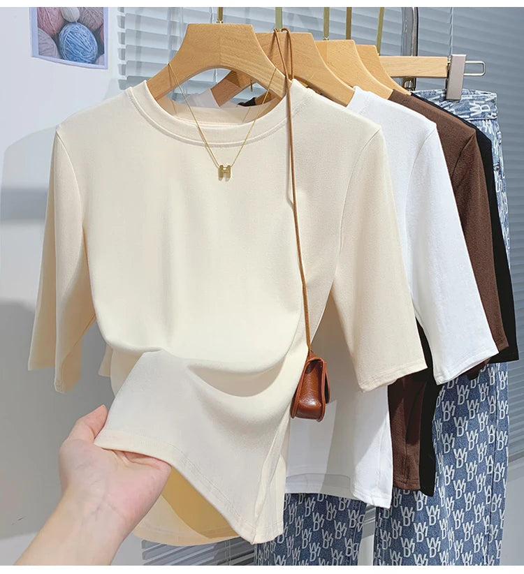 Cotton Womens Crew Neck T-Shirt - Summer Short Sleeve Basic Top - ZOOMNSTORE