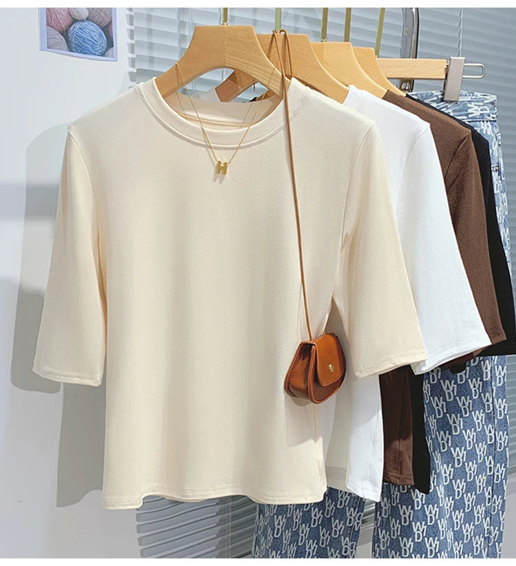 Cotton Womens Crew Neck T-Shirt - Summer Short Sleeve Basic Top - ZOOMNSTORE