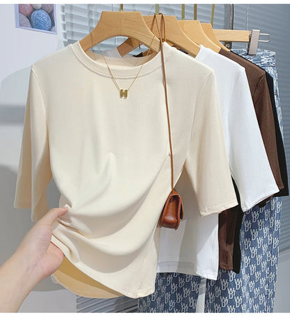 Cotton Womens Crew Neck T-Shirt - Summer Short Sleeve Basic Top - ZOOMNSTORE