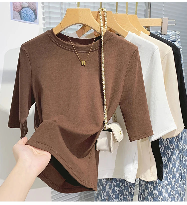 Cotton Womens Crew Neck T-Shirt - Summer Short Sleeve Basic Top - ZOOMNSTORE