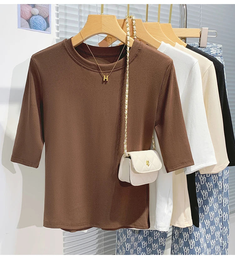 Cotton Womens Crew Neck T-Shirt - Summer Short Sleeve Basic Top - ZOOMNSTORE