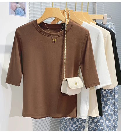 Cotton Womens Crew Neck T-Shirt - Summer Short Sleeve Basic Top - ZOOMNSTORE