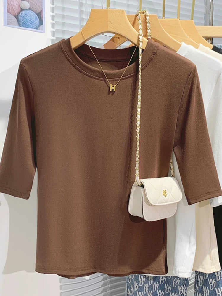 Cotton Womens Crew Neck T-Shirt - Summer Short Sleeve Basic Top - ZOOMNSTORE