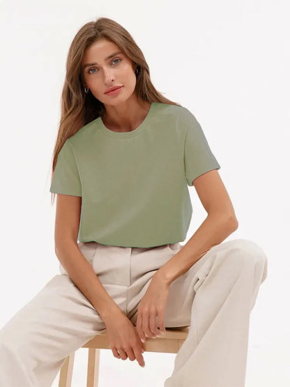 Cotton Womens T-Shirt - Summer Short Sleeve Loose Basic Top - ZOOMNSTORE