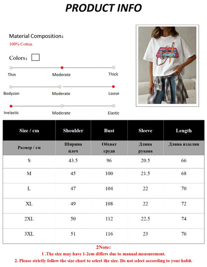 Cotton Womens Vintage Printed T-Shirt - Casual Hip Hop Short Sleeve Top - ZOOMNSTORE