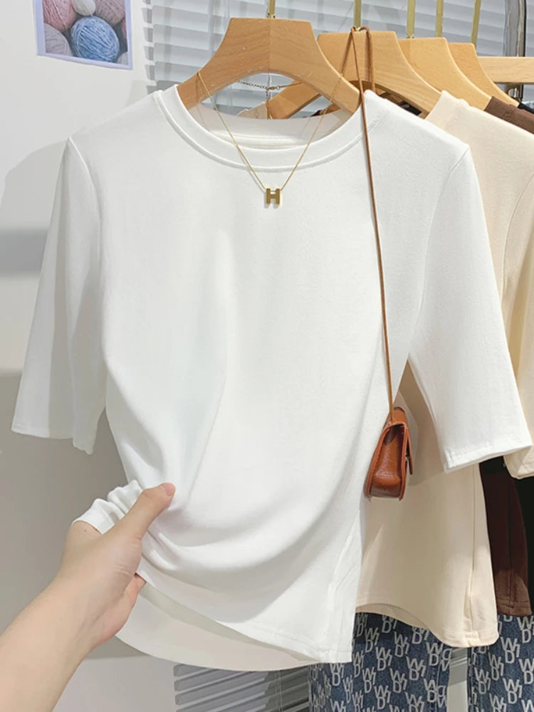Cotton Womens Crew Neck T-Shirt - Summer Short Sleeve Basic Top - ZOOMNSTORE
