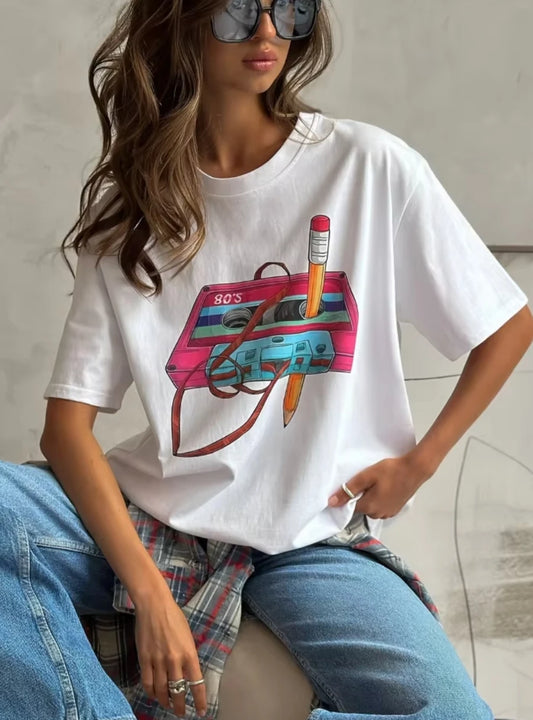 Cotton Womens Vintage Printed T-Shirt - Casual Hip Hop Short Sleeve Top - ZOOMNSTORE