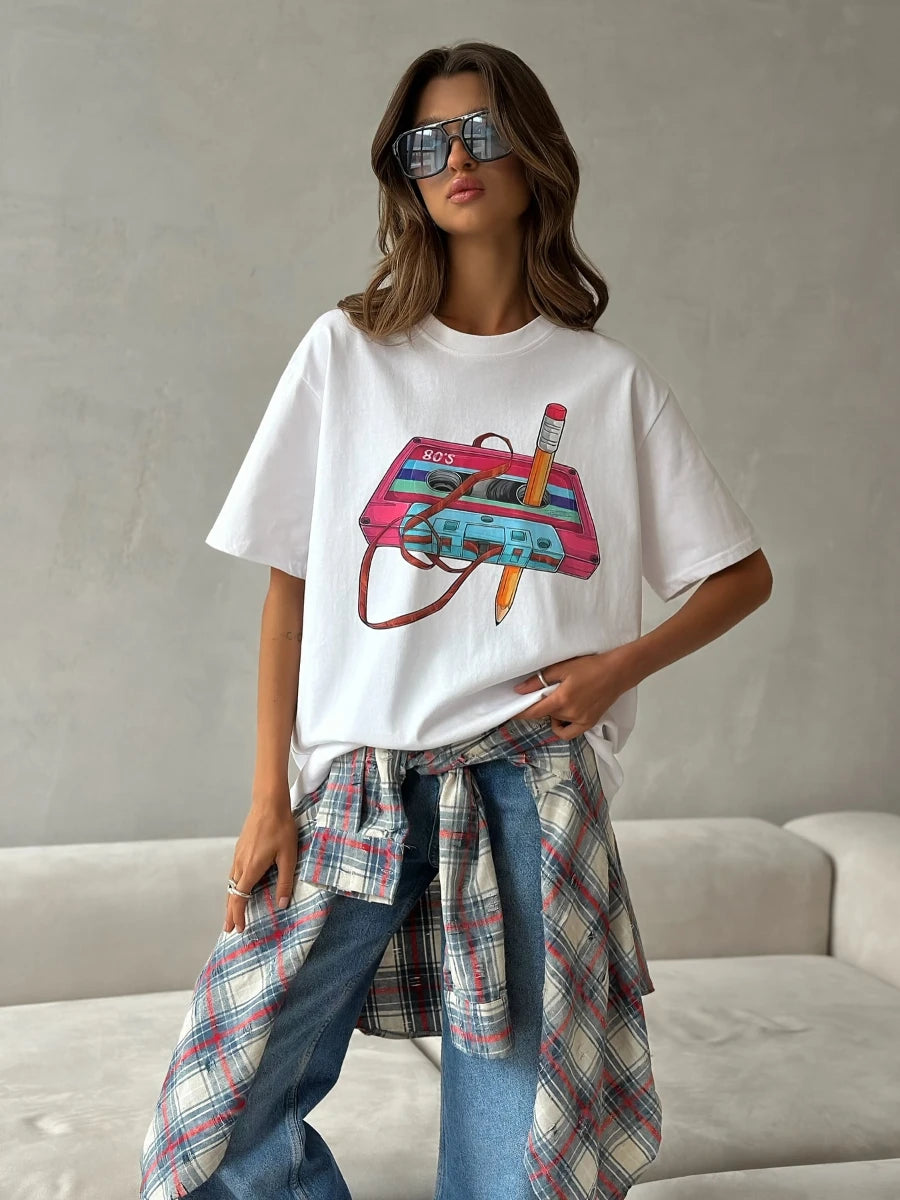 Cotton Womens Vintage Printed T-Shirt - Casual Hip Hop Short Sleeve Top - ZOOMNSTORE