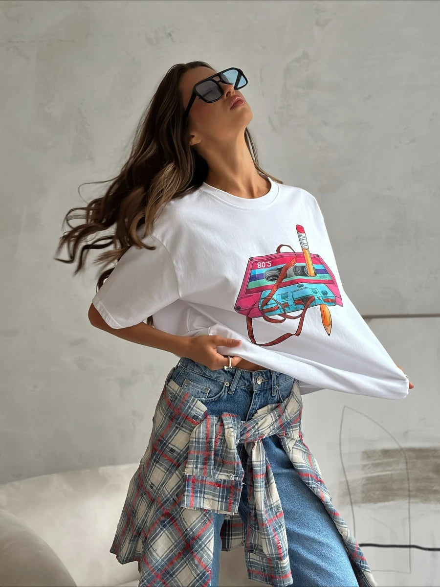 Cotton Womens Vintage Printed T-Shirt - Casual Hip Hop Short Sleeve Top - ZOOMNSTORE