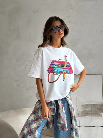 Cotton Womens Vintage Printed T-Shirt - Casual Hip Hop Short Sleeve Top - ZOOMNSTORE