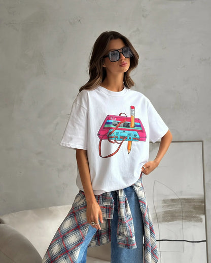 Cotton Womens Vintage Printed T-Shirt - Casual Hip Hop Short Sleeve Top - ZOOMNSTORE