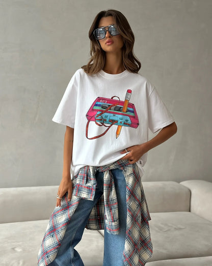 Cotton Womens Vintage Printed T-Shirt - Casual Hip Hop Short Sleeve Top - ZOOMNSTORE