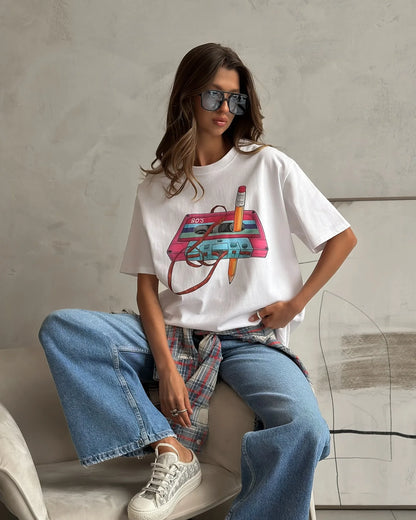 Cotton Womens Vintage Printed T-Shirt - Casual Hip Hop Short Sleeve Top - ZOOMNSTORE