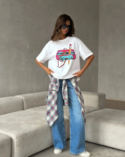Cotton Womens Vintage Printed T-Shirt - Casual Hip Hop Short Sleeve Top - ZOOMNSTORE