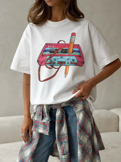 Cotton Womens Vintage Printed T-Shirt - Casual Hip Hop Short Sleeve Top - ZOOMNSTORE