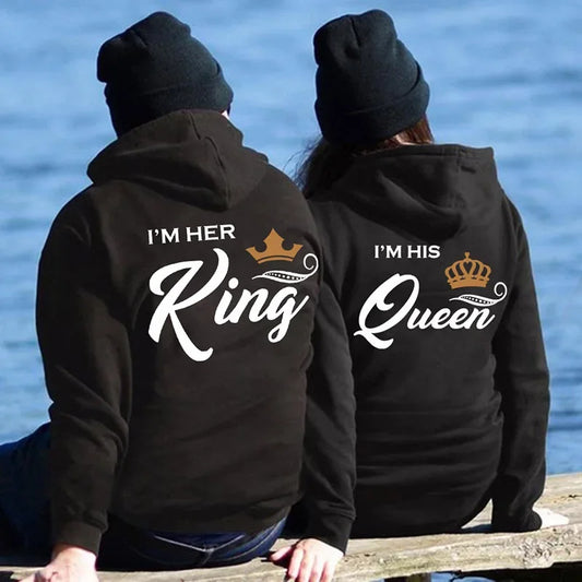 Couple Hoodies - Printing Her King  His Queen Sweatshirts Casual Harajuku Fashion - ZOOMNSTORE
