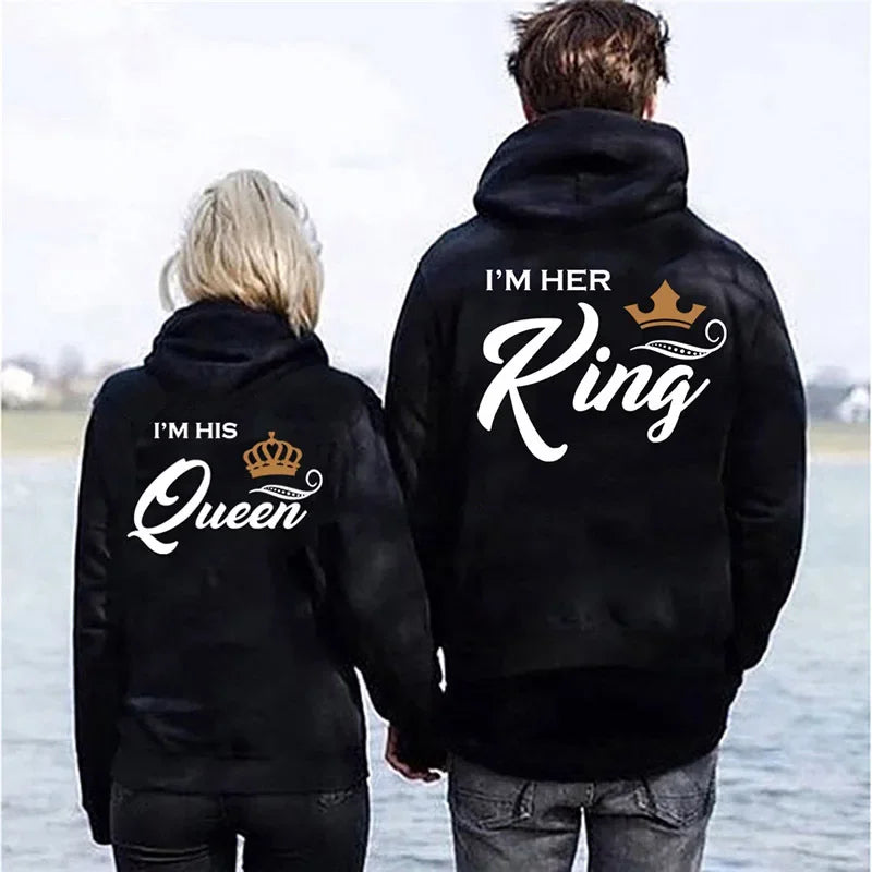 Couple Hoodies - Printing Her King  His Queen Sweatshirts Casual Harajuku Fashion - ZOOMNSTORE