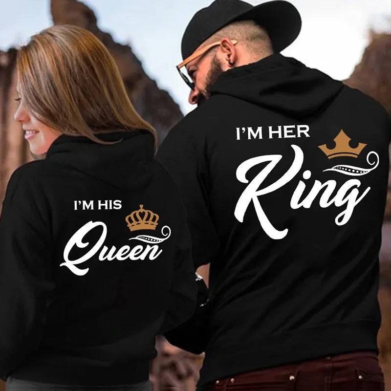 Couple Hoodies - Printing Her King  His Queen Sweatshirts Casual Harajuku Fashion - ZOOMNSTORE