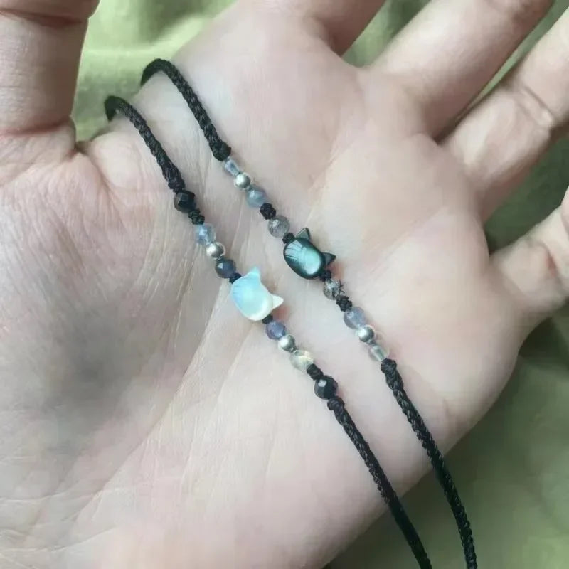 Couples Minimalist Bracelets - 2pcs Natural Moonstone Obsidian  Cat Jewelry Gifts - ZOOMNSTORE