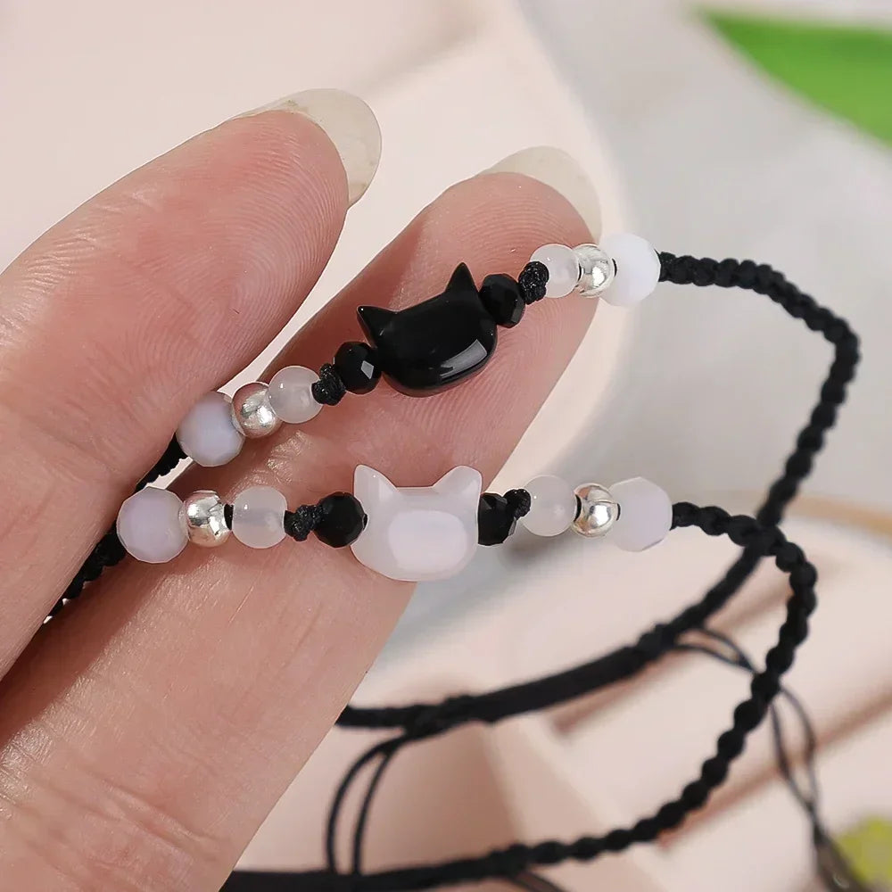 Couples Minimalist Bracelets - 2pcs Natural Moonstone Obsidian  Cat Jewelry Gifts - ZOOMNSTORE