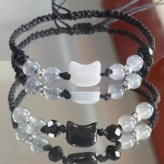 Couples Minimalist Moonstone Obsidian Bracelets - Handmade Cat Jewelry Gifts - ZOOMNSTORE