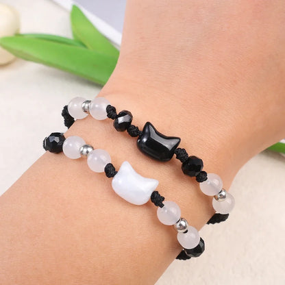 Couples Minimalist Moonstone Obsidian Bracelets - Handmade Cat Jewelry Gifts - ZOOMNSTORE
