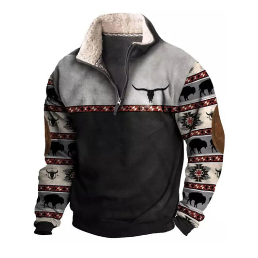 Cowboy Sweatshirt - Western Aztec Vintage Print Mens Fleece Pullover 1/4 Zip - ZOOMNSTORE
