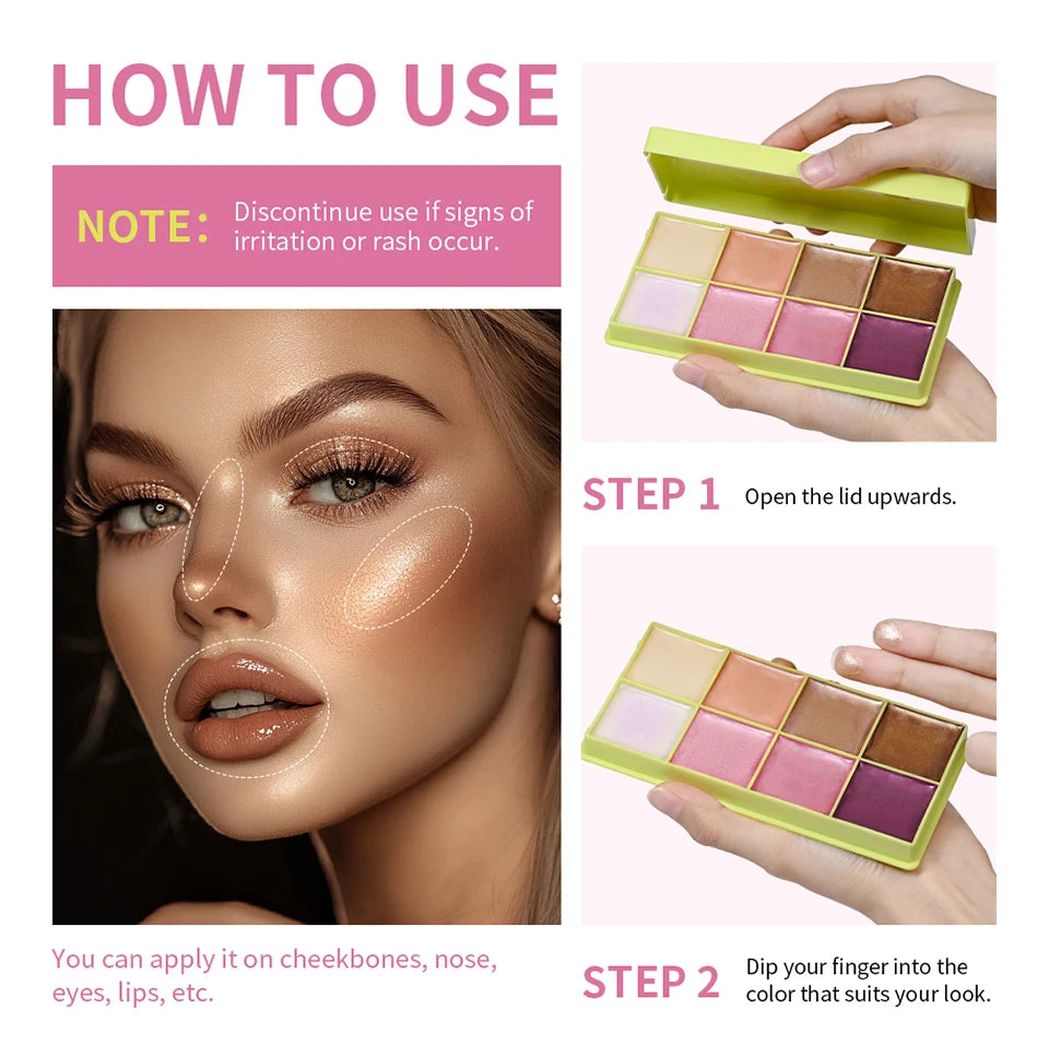 Cream Makeup Palette - 8 Colors Highlight Makeup Set | Bronzer Highlighter Kit, Long Lasting Brighten Skin - ZOOMNSTORE