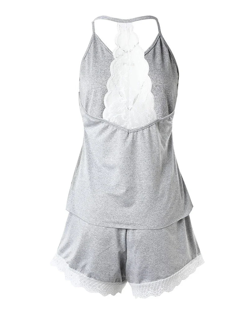 Womens Crochet Lace Pajama Set - Sleeveless V-Neck Casual Sleepwear - ZOOMNSTORE