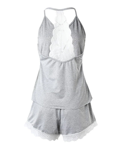 Womens Crochet Lace Pajama Set - Sleeveless V-Neck Casual Sleepwear - ZOOMNSTORE