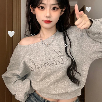 Cropped Off-Shoulder Hoodie - Womens Baggy Fashion Sweatshirt Aesthetic Streetwear - ZOOMNSTORE