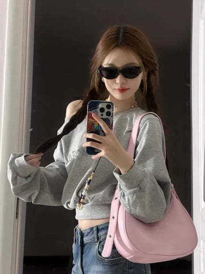 Cropped Off-Shoulder Hoodie - Womens Baggy Fashion Sweatshirt Aesthetic Streetwear - ZOOMNSTORE