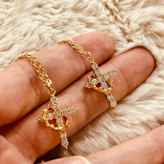 Rotatable Crown Rhinestone Cross Choker Necklace Earrings Rings for Women Minimalist Cross Chain Christian Jewelry Prayer Gift - ZOOMNSTORE