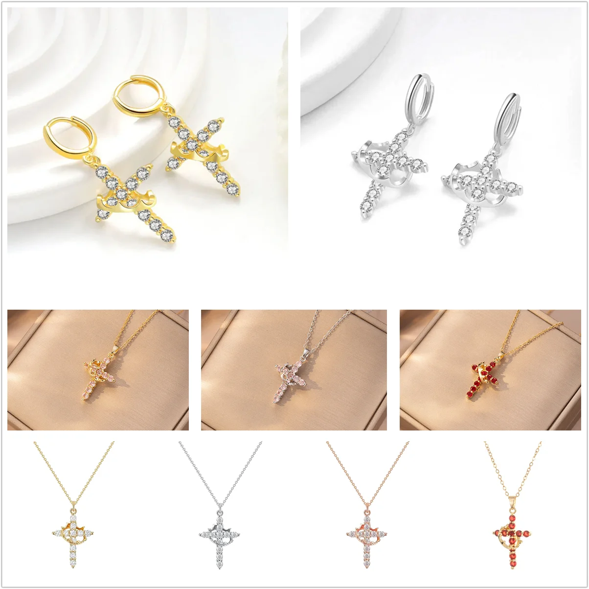 Rotatable Crown Rhinestone Cross Choker Necklace Earrings Rings for Women Minimalist Cross Chain Christian Jewelry Prayer Gift - ZOOMNSTORE