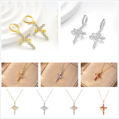 Rotatable Crown Rhinestone Cross Choker Necklace Earrings Rings for Women Minimalist Cross Chain Christian Jewelry Prayer Gift - ZOOMNSTORE