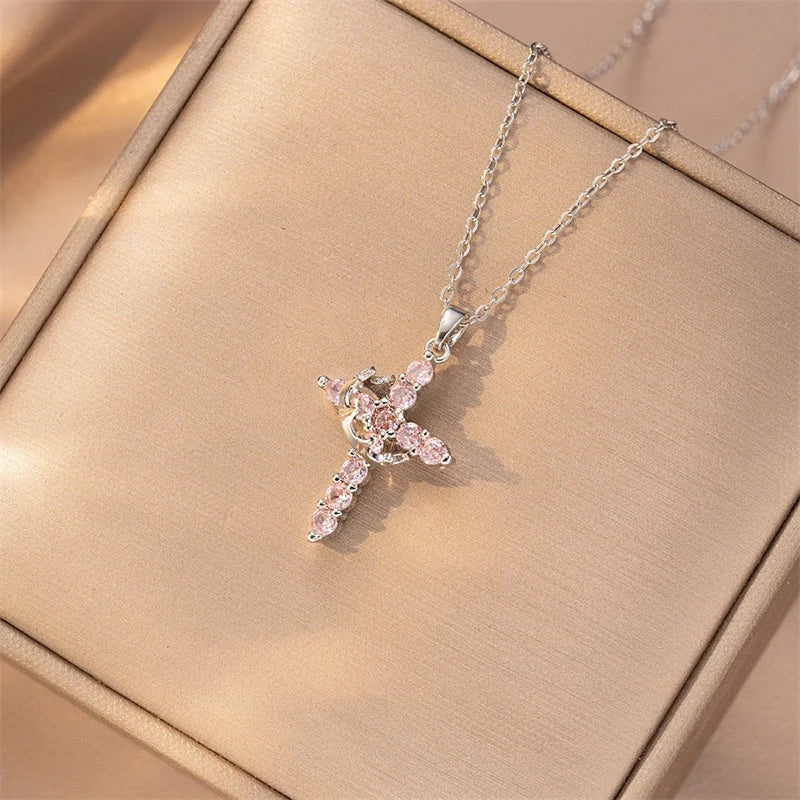 Rotatable Crown Rhinestone Cross Choker Necklace Earrings Rings for Women Minimalist Cross Chain Christian Jewelry Prayer Gift - ZOOMNSTORE