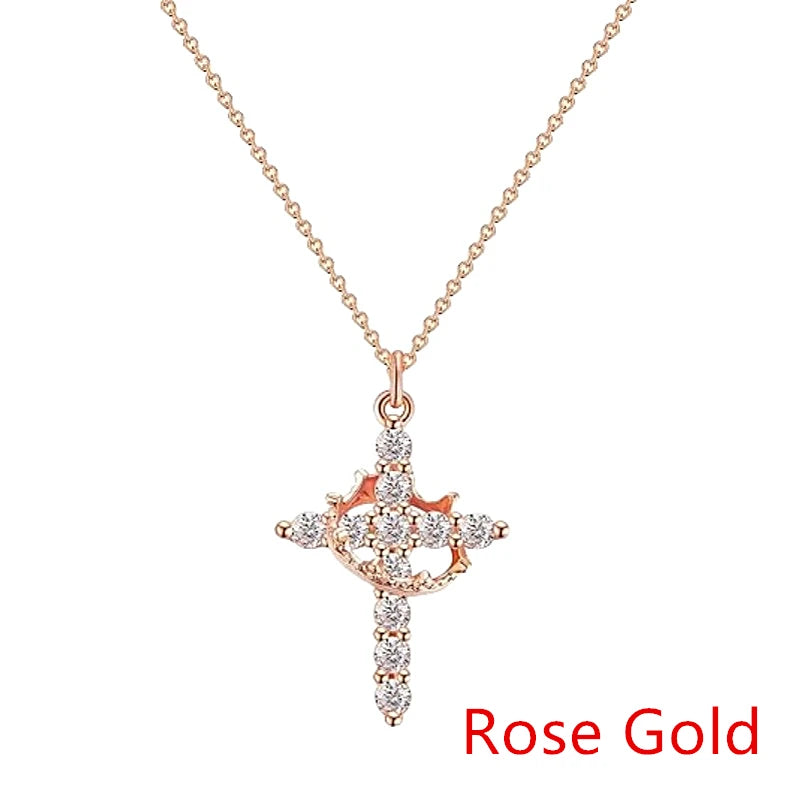 Rotatable Crown Rhinestone Cross Choker Necklace Earrings Rings for Women Minimalist Cross Chain Christian Jewelry Prayer Gift - ZOOMNSTORE