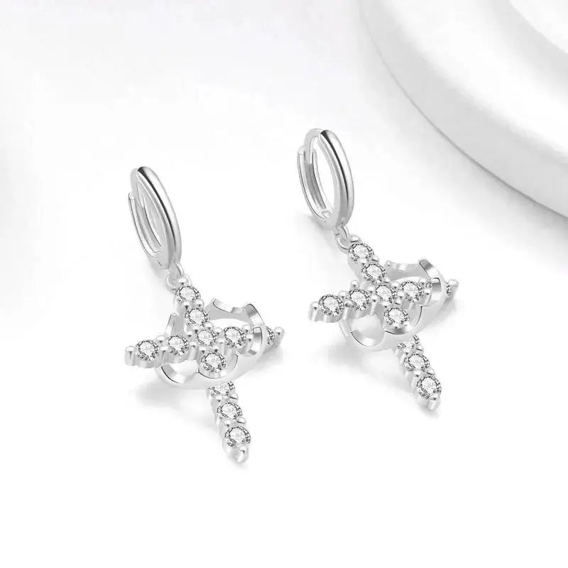 Rotatable Crown Rhinestone Cross Choker Necklace Earrings Rings for Women Minimalist Cross Chain Christian Jewelry Prayer Gift - ZOOMNSTORE